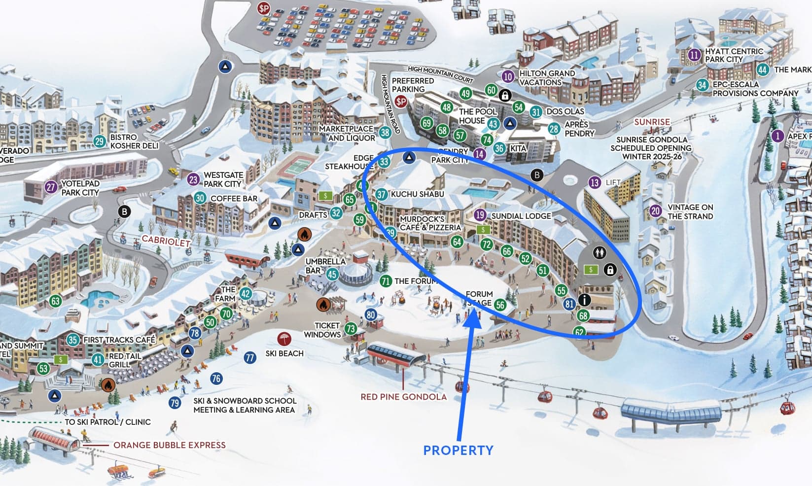 No better location -- very center of Park City Mountain's Canyons Village with the resort plaza and Red Pine Gondola out one side, the new Sunrise Gondola out the other side.